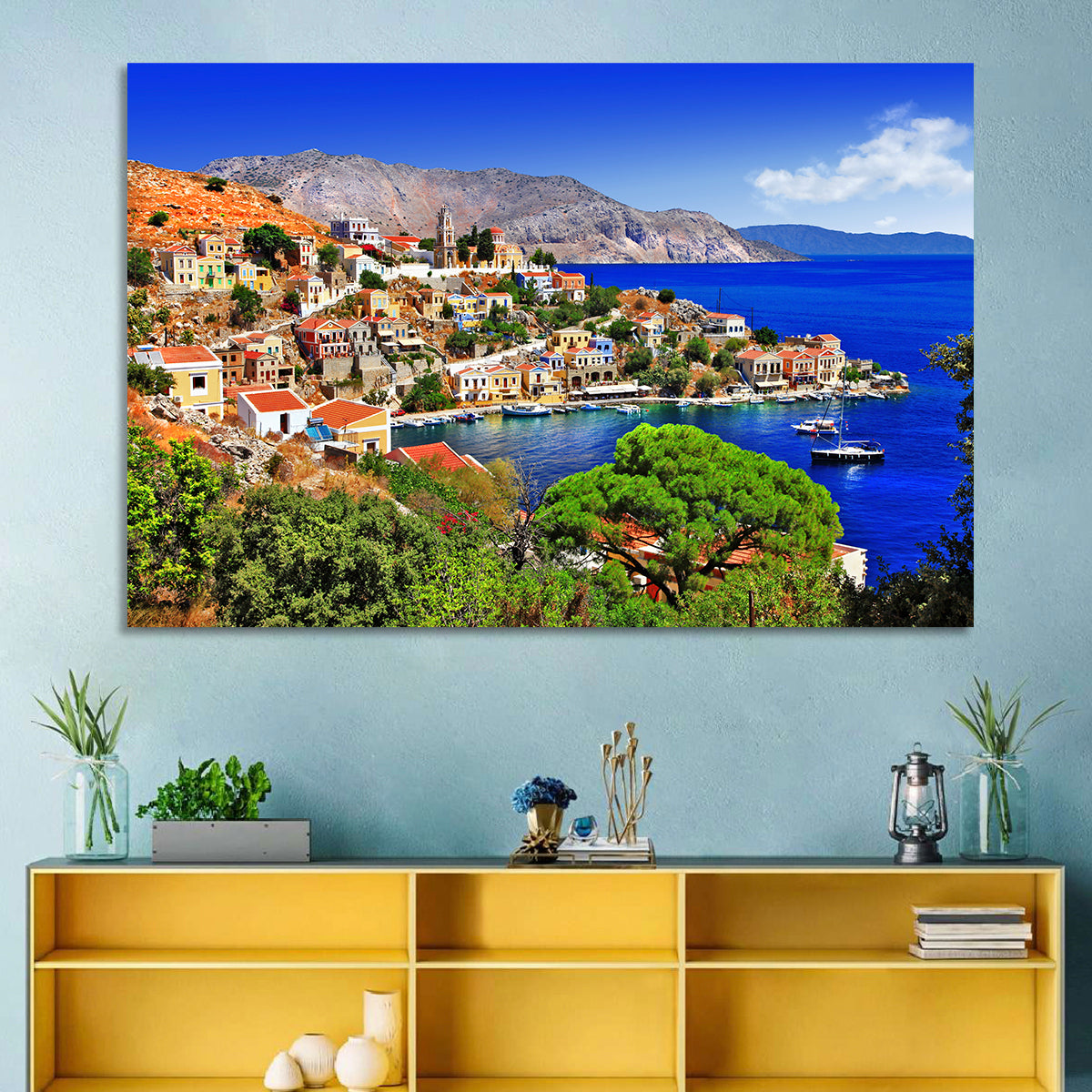 Symi Harbor, Greece Wall Art in a room, landscape