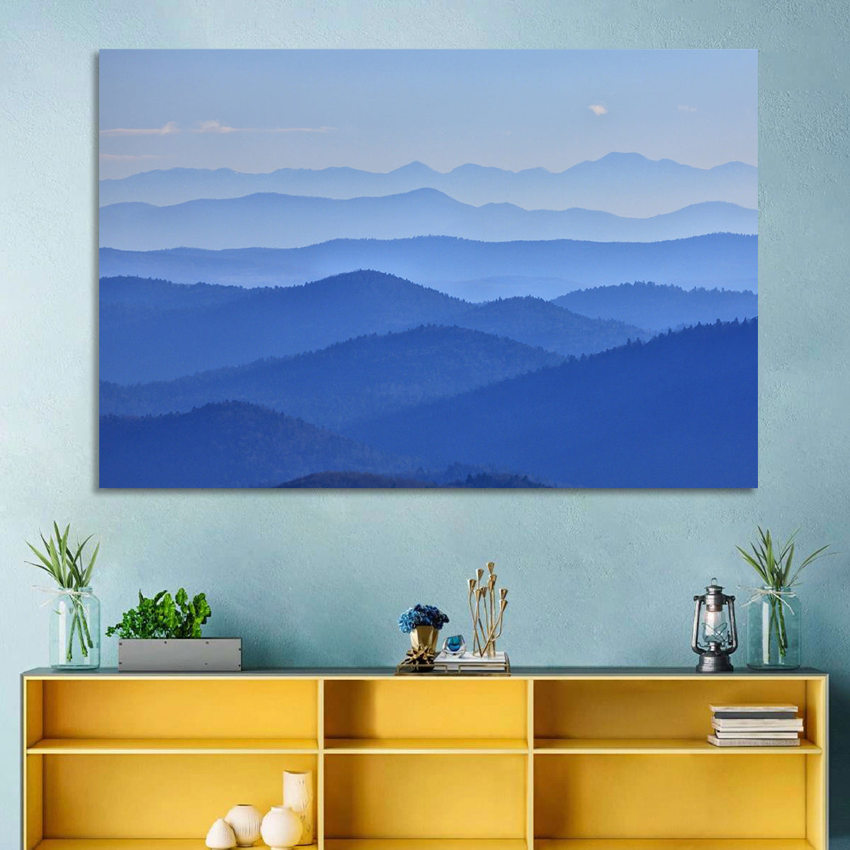 Misty Blue Mountain Valley Wall Art in a room, landscape