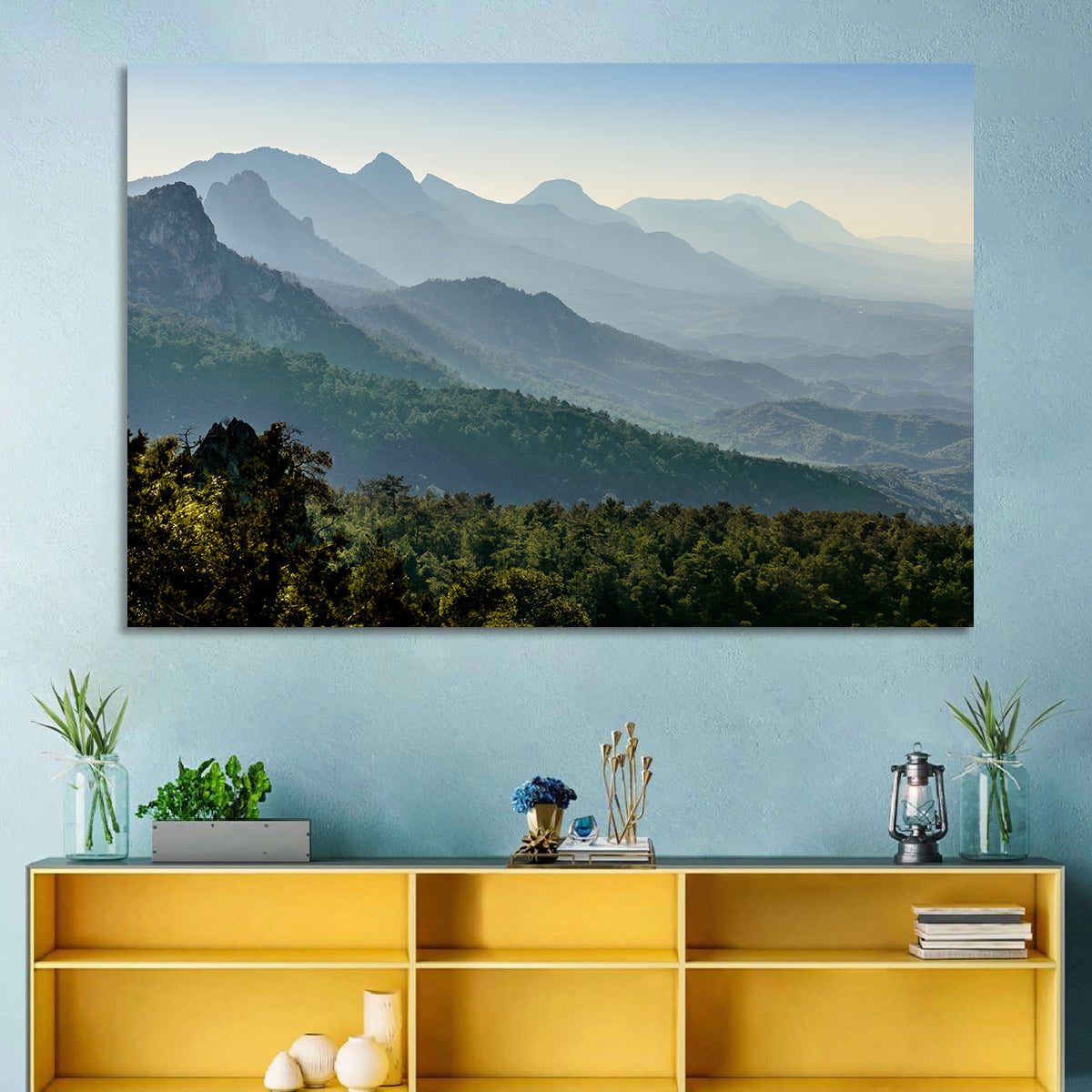 Misty Mountain Ridges Wall Art in a room, landscape