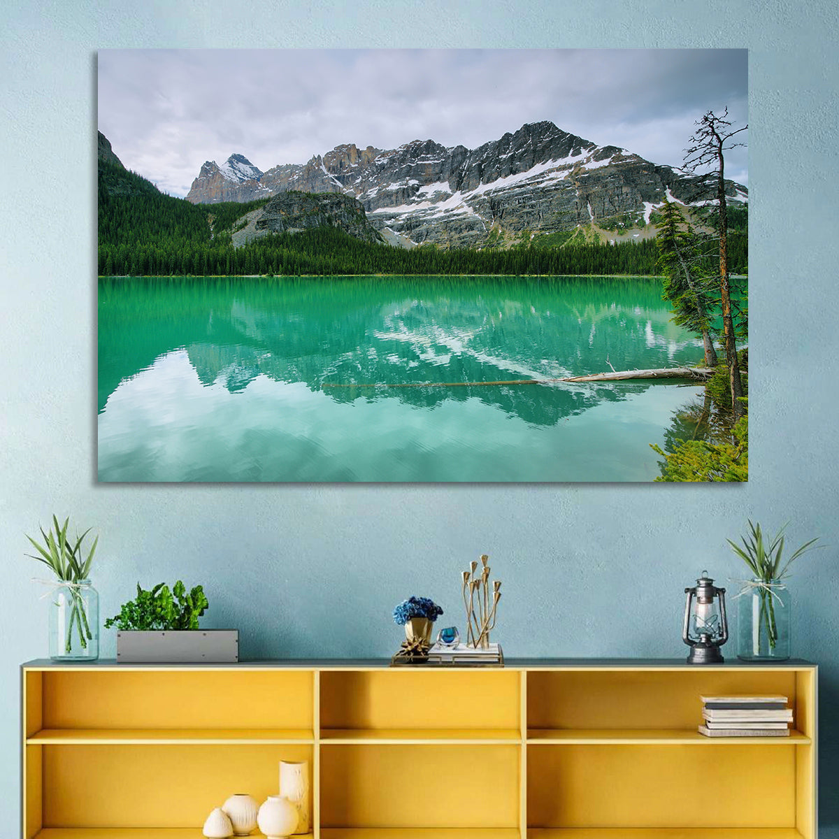 Lake O'hara Reflection Wall Art in a room, landscape