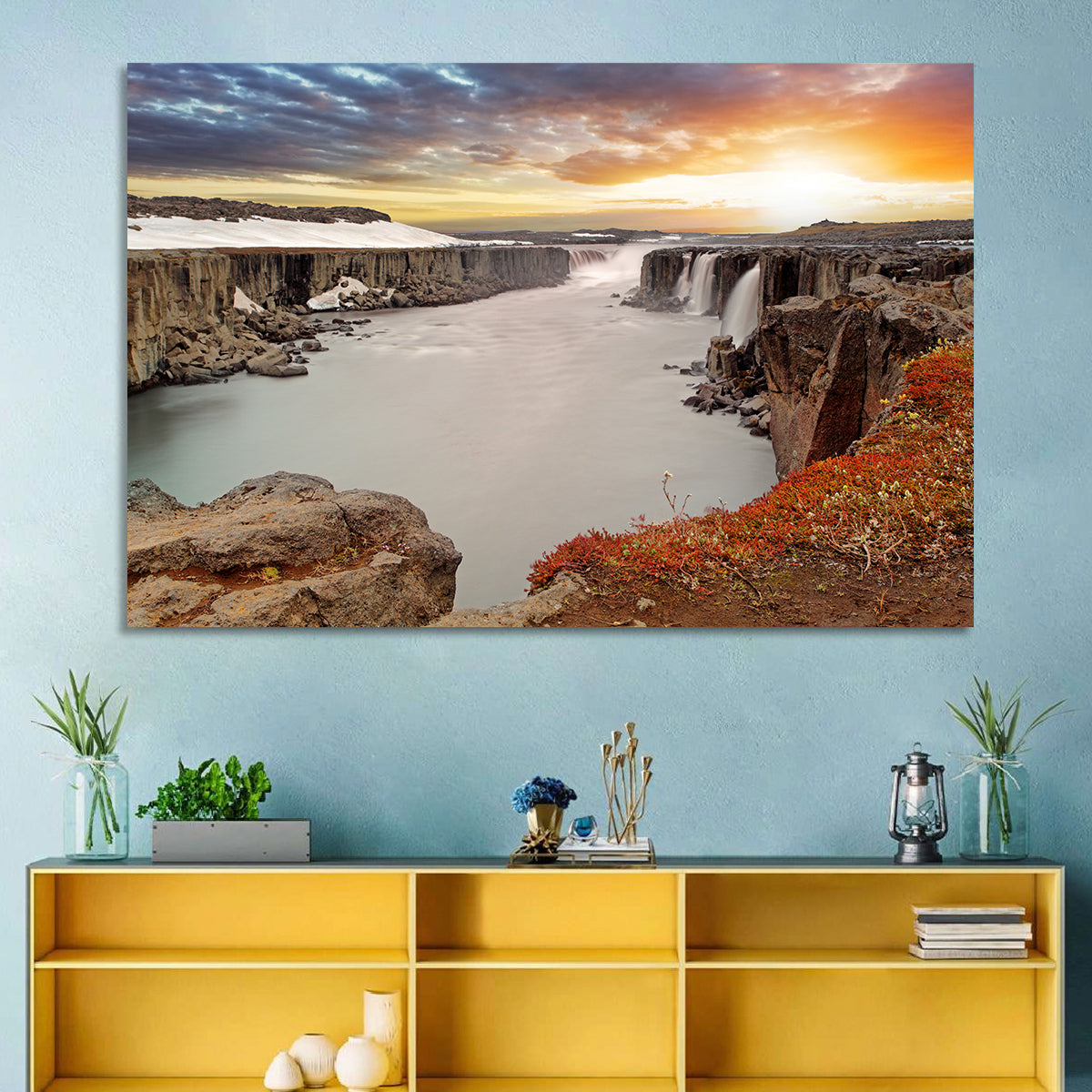 Selfoss Waterfall at Sunset Wall Art in a room, landscape