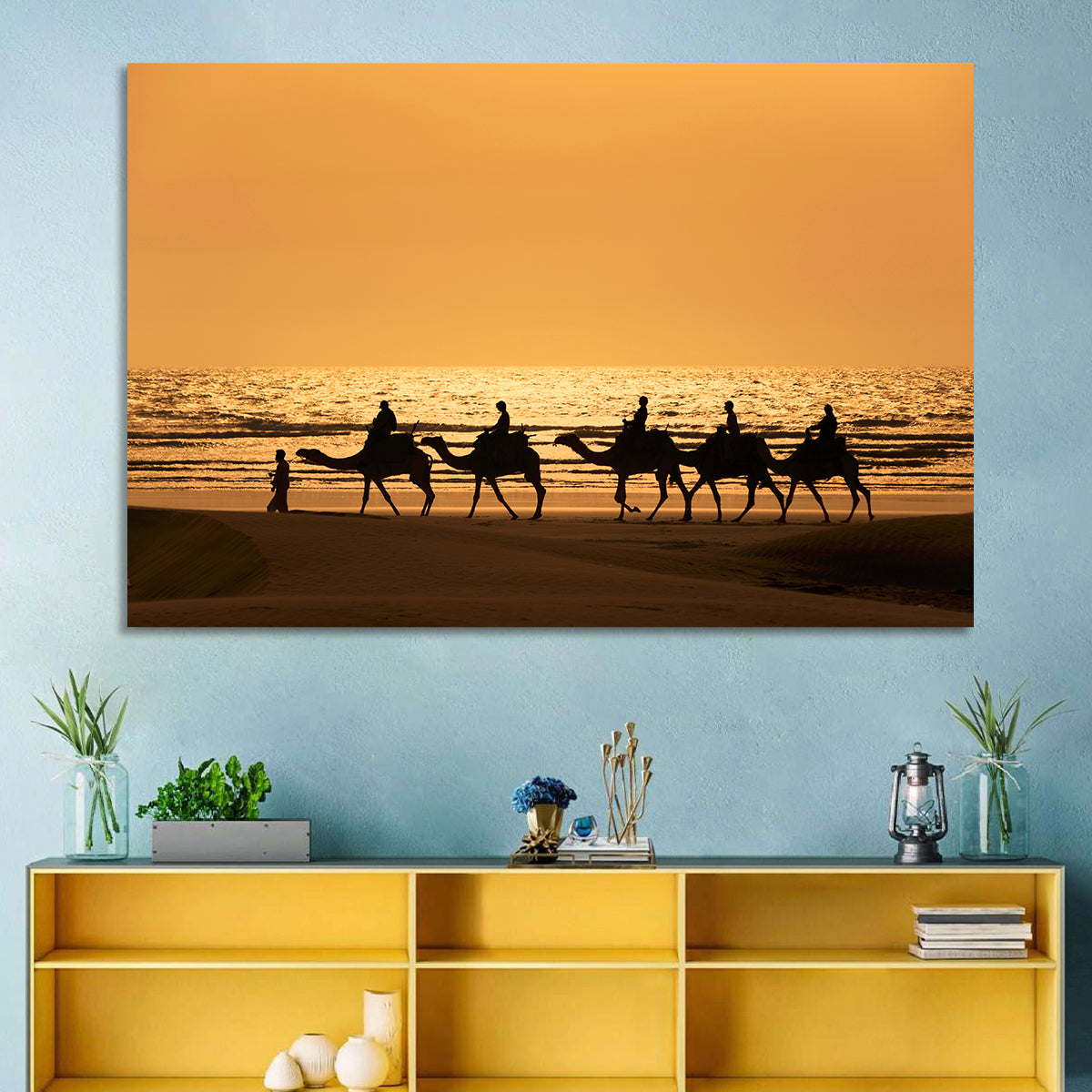 Camel Caravan Silhouette on Wet Sand Wall Art in a room, landscape