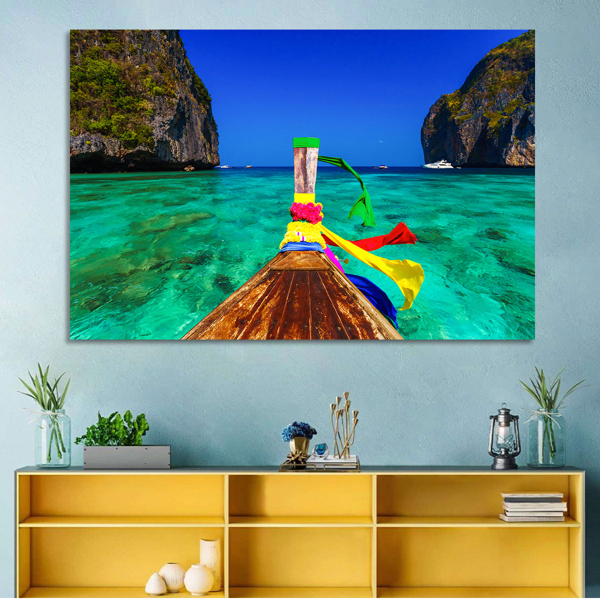 Maya Bay Long-tail Boat Wall Art in a room, landscape