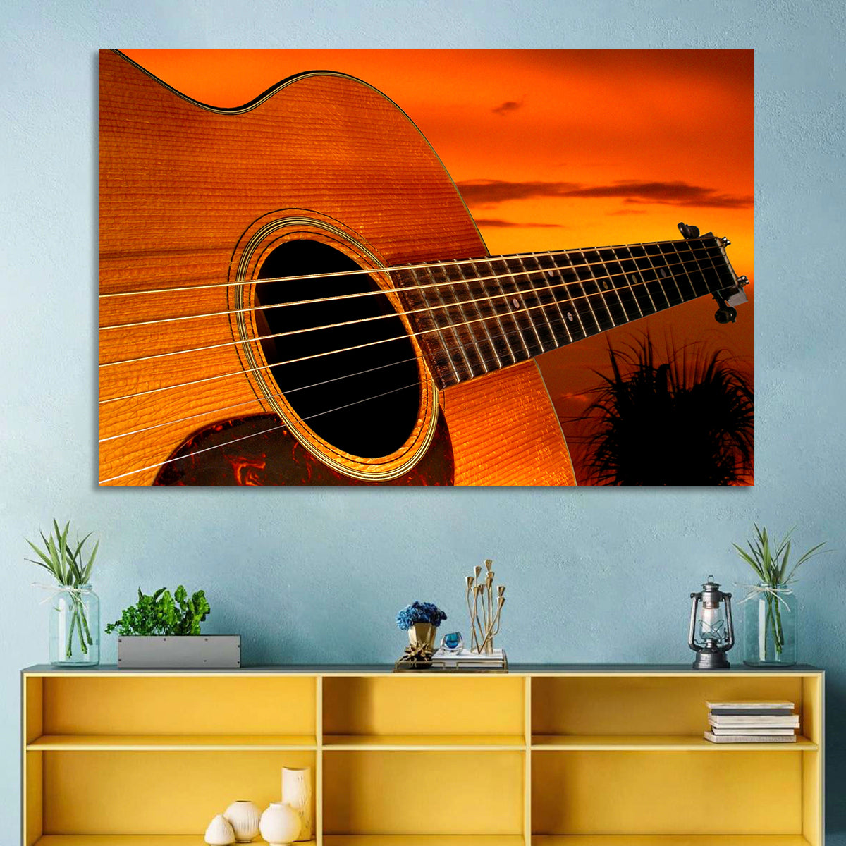 Sunset Acoustic Guitar Silhouette Wall Art in a room, landscape