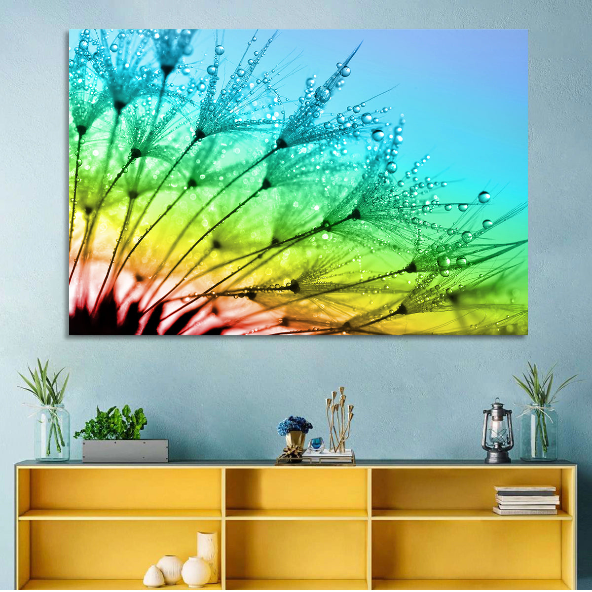 Dewy Dandelion Close-up Wall Art in a room, landscape