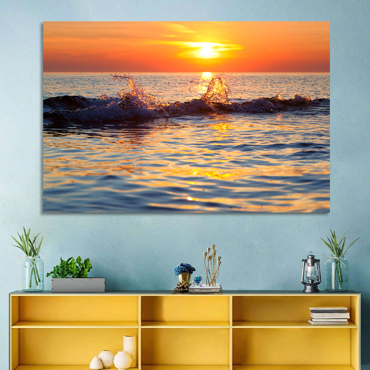Lake Michigan Sunset Waves Wall Art in a room, landscape