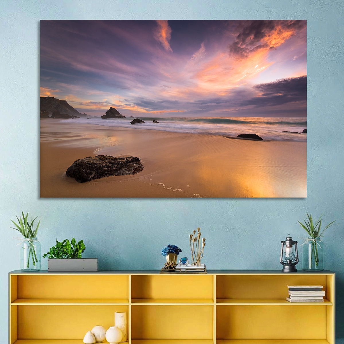 Adraga Beach Sunset Wall Art in a room, landscape