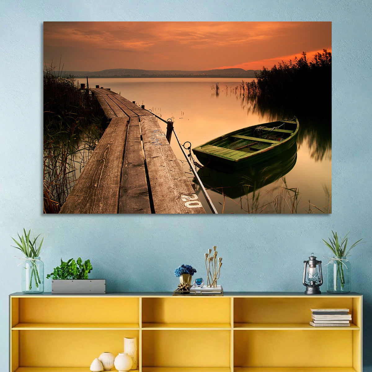 Pier and Rowboat on Lake Balaton Wall Art in a room, landscape