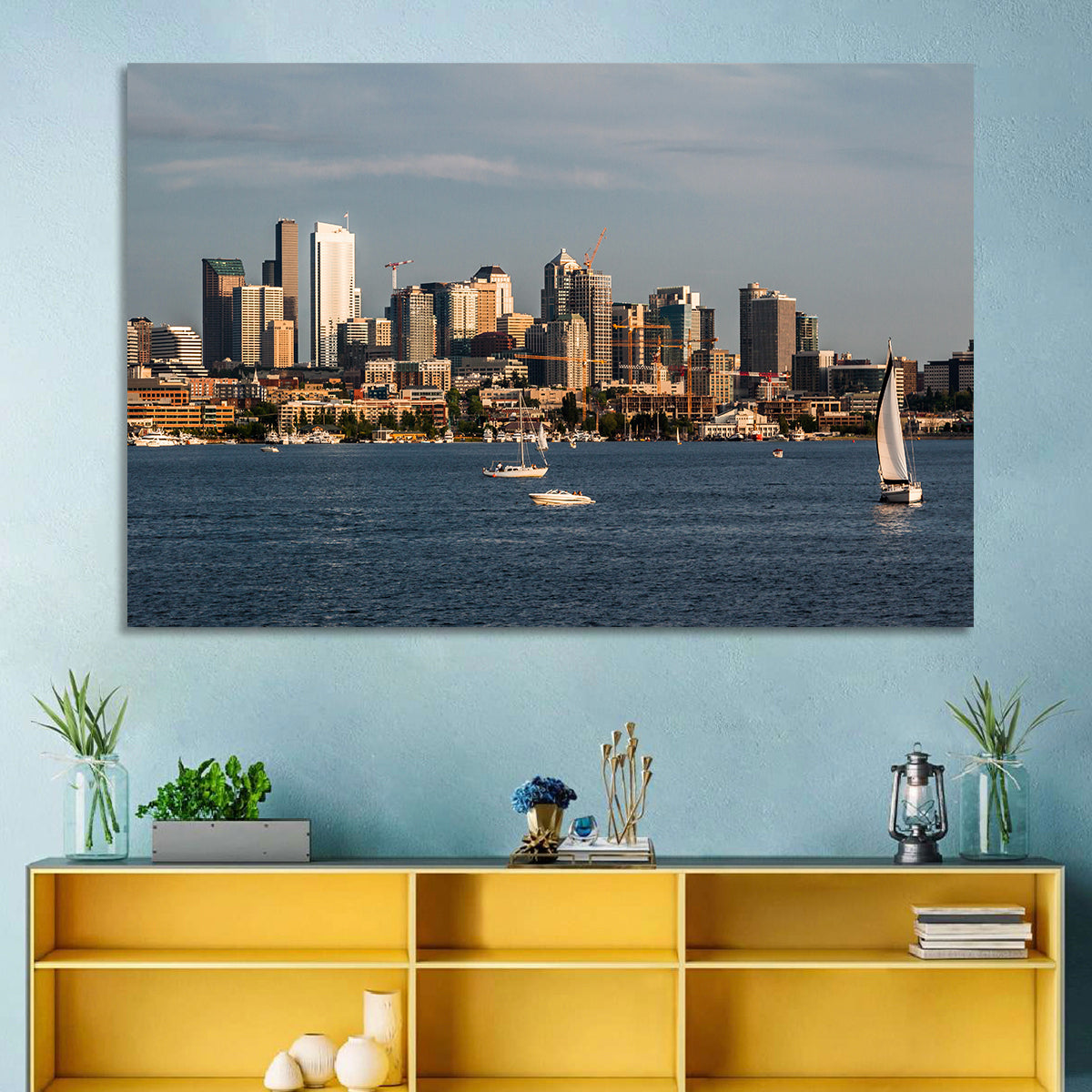 Seattle Skyline at Golden Hour Wall Art in a room, landscape
