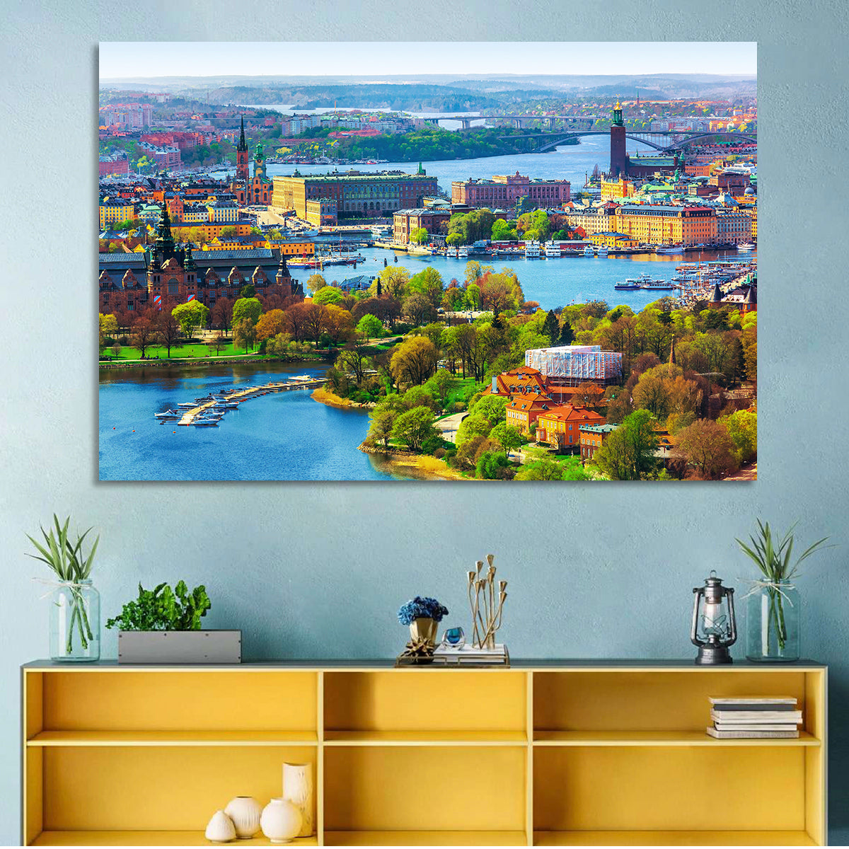 Gamla Stan Waterfront Wall Art in a room, landscape