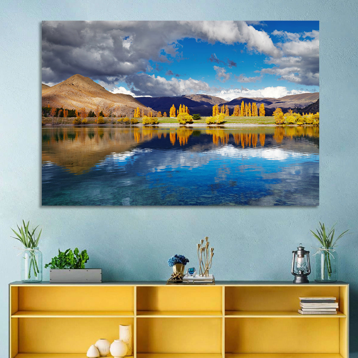 Lake Tekapo Autumn Reflection Wall Art in a room, landscape