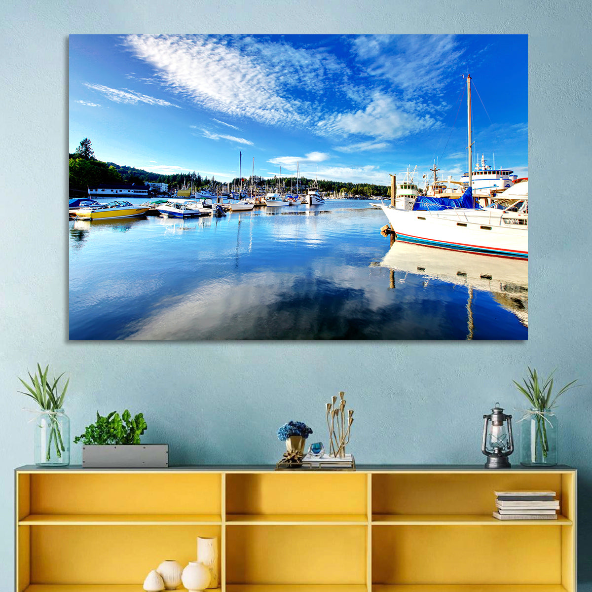 Tacoma Marina Reflections Wall Art in a room, landscape