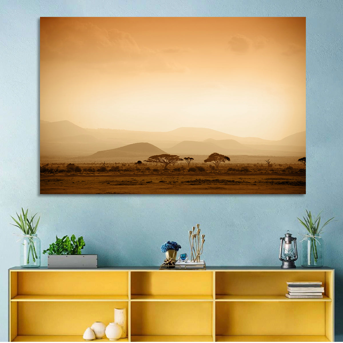 Hazy Savannah at Dawn Wall Art in a room, landscape