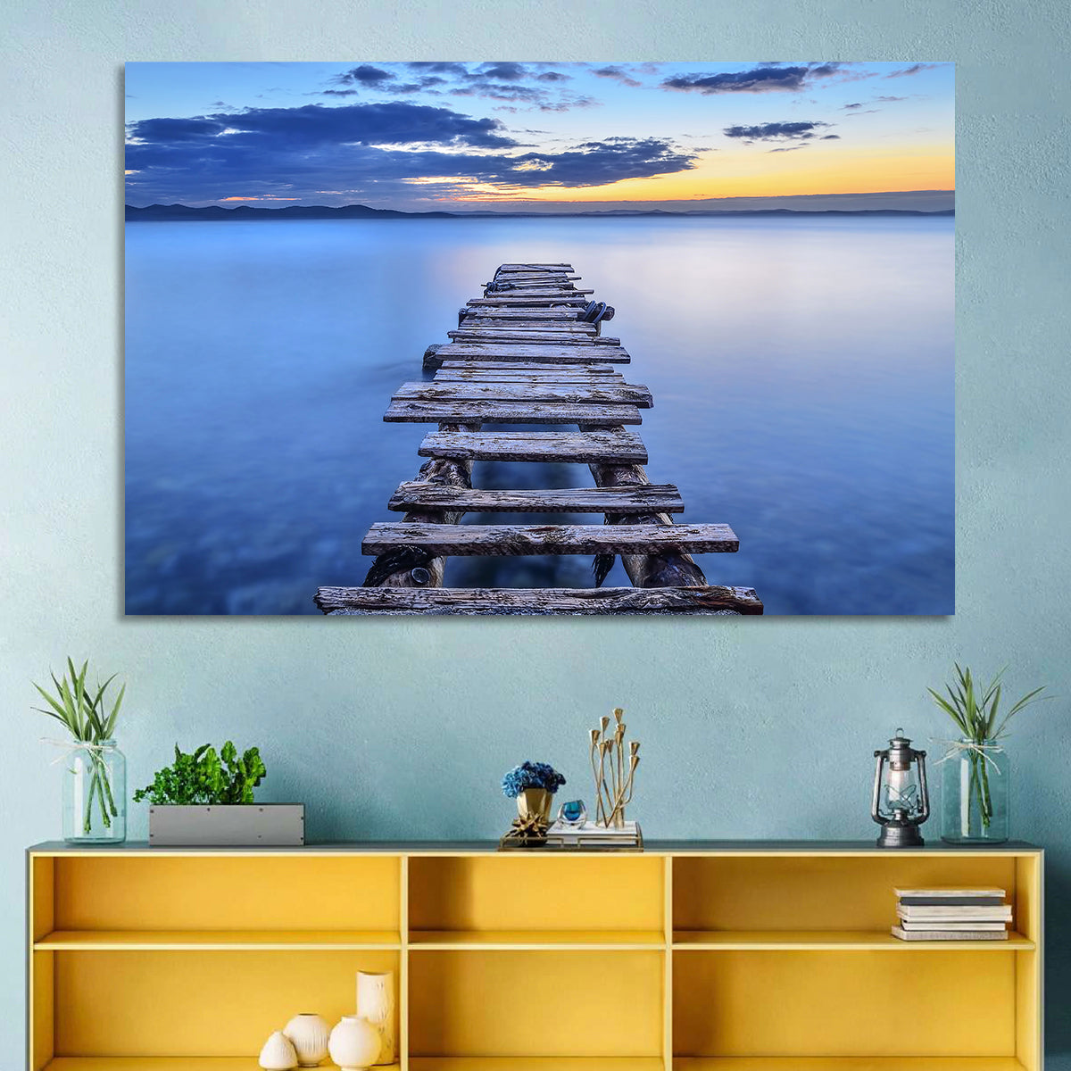 Weathered Lake Pier at Dusk Wall Art in a room, landscape