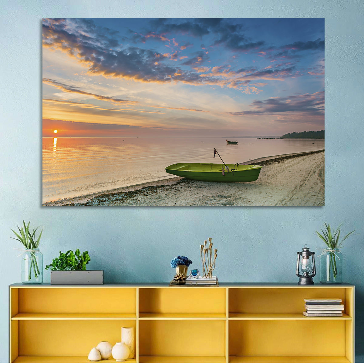 Green Rowboat at Sunrise Wall Art