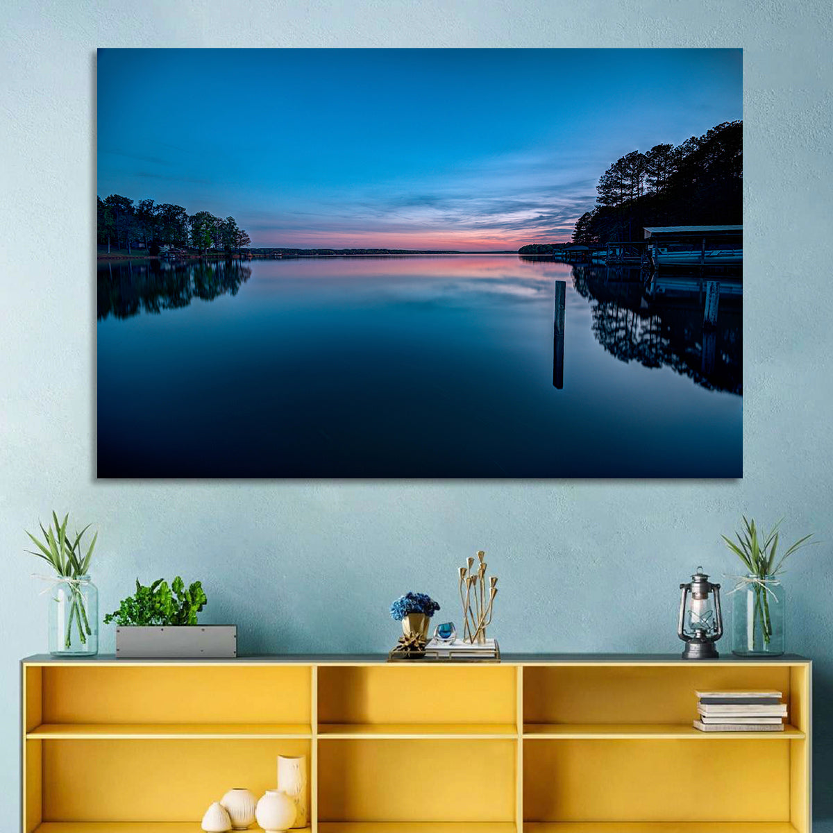 Lake Gaston Twilight Reflection Wall Art in a room, landscape
