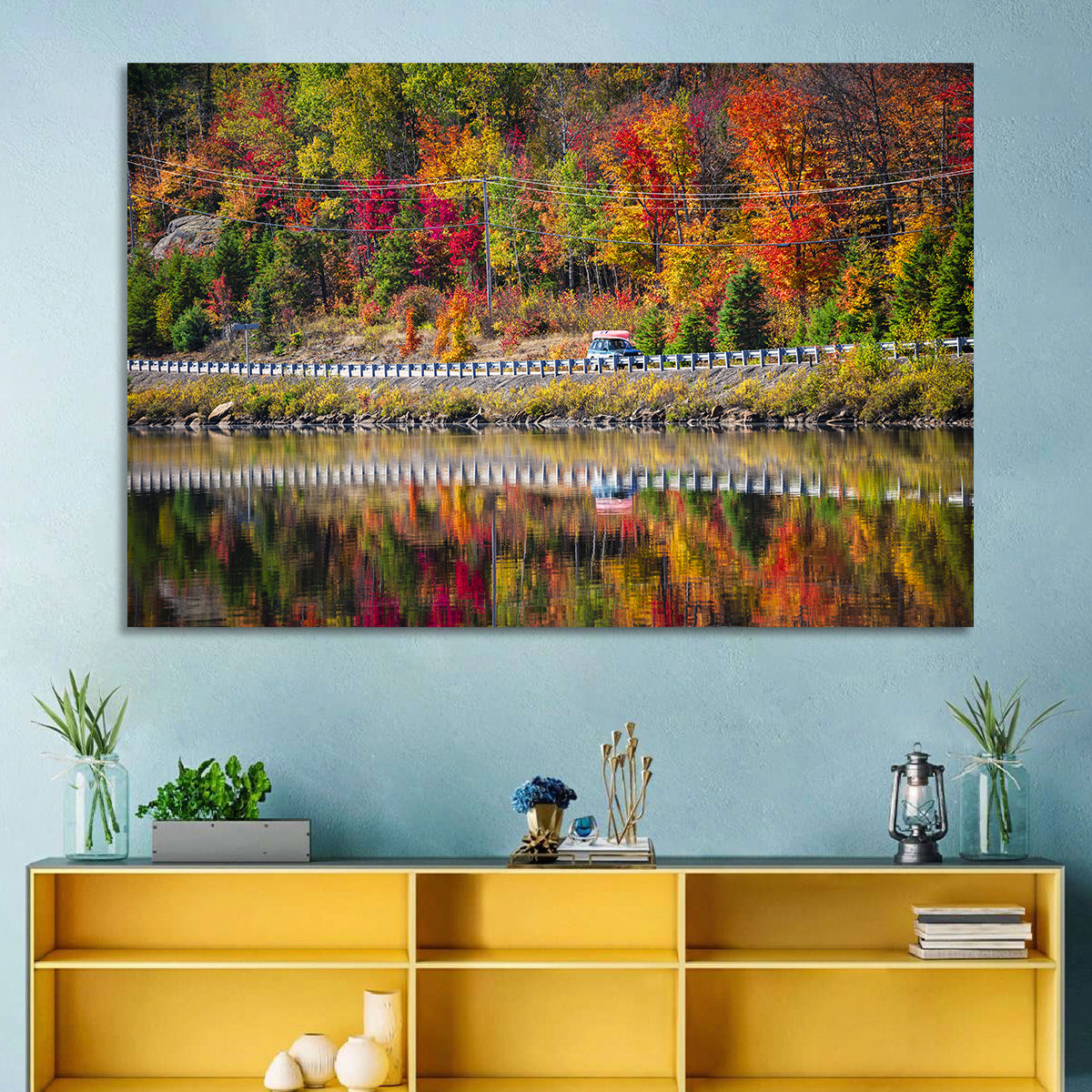 Algonquin Highway 60 Autumn Reflection Wall Art in a room, landscape