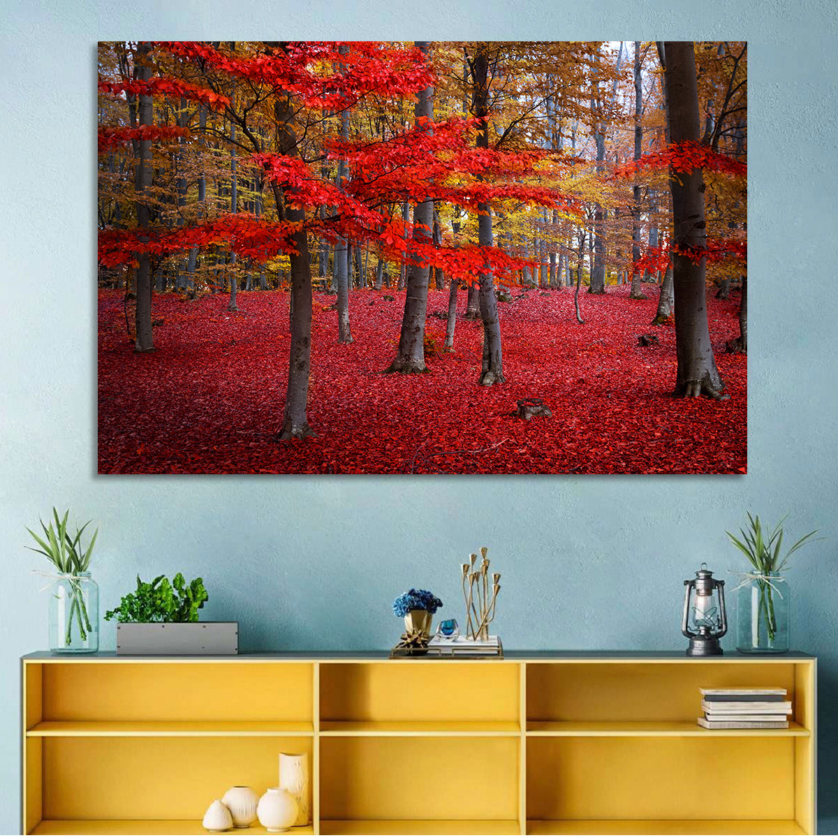 Crimson Autumn Forest Wall Art in a room, landscape