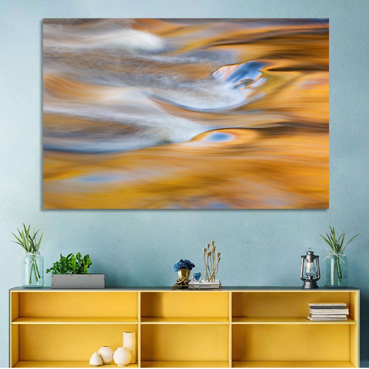 Golden Water Abstraction Wall Art in a room, landscape