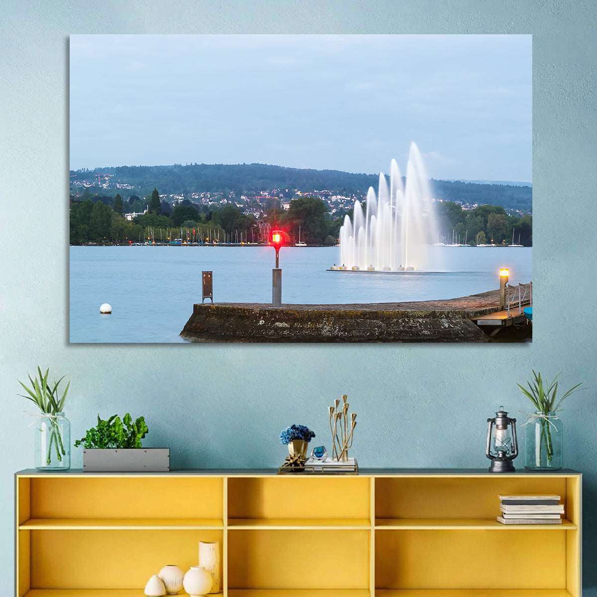 Lake Zurich Fountain at Dusk Wall Art in a room, landscape
