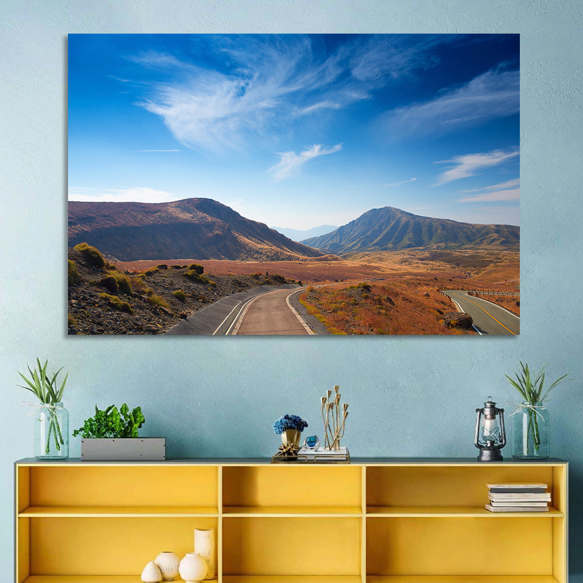 Mount Aso Winding Road Wall Art in a room, landscape