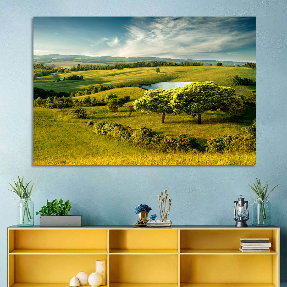 Rolling Hills with Pond Wall Art in a room, landscape