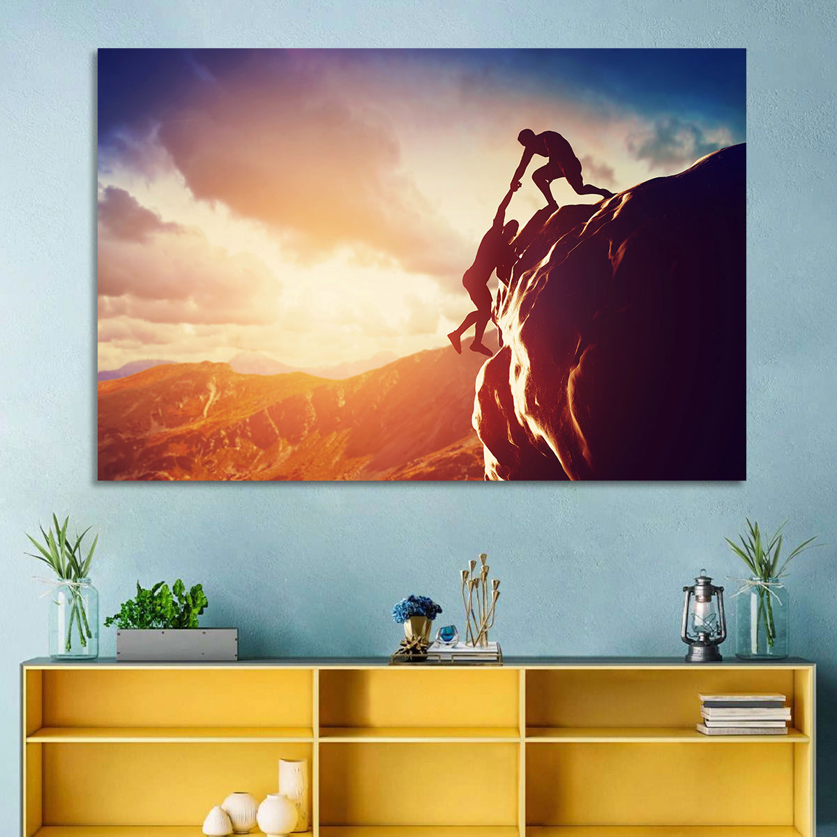 Two Hikers Summit Assist at Sunset Wall Art in a room, landscape