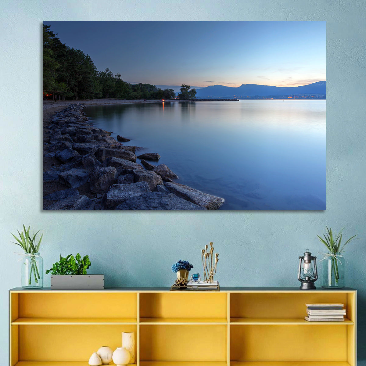 Lake Neuchatel Twilight Wall Art in a room, landscape