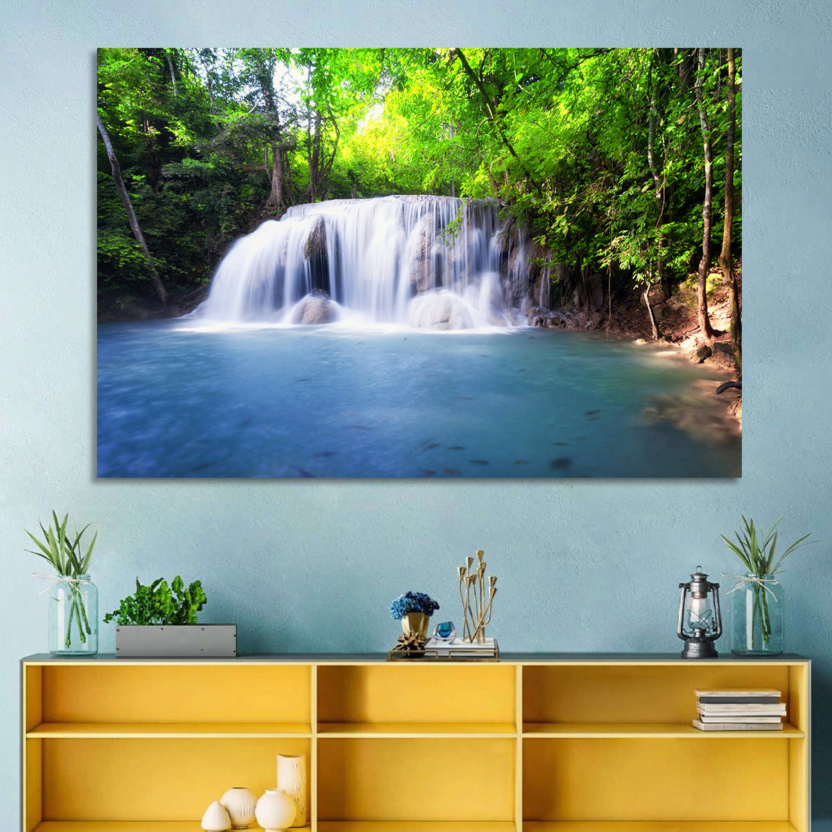Erawan Waterfall Emerald Pool Wall Art in a room, landscape