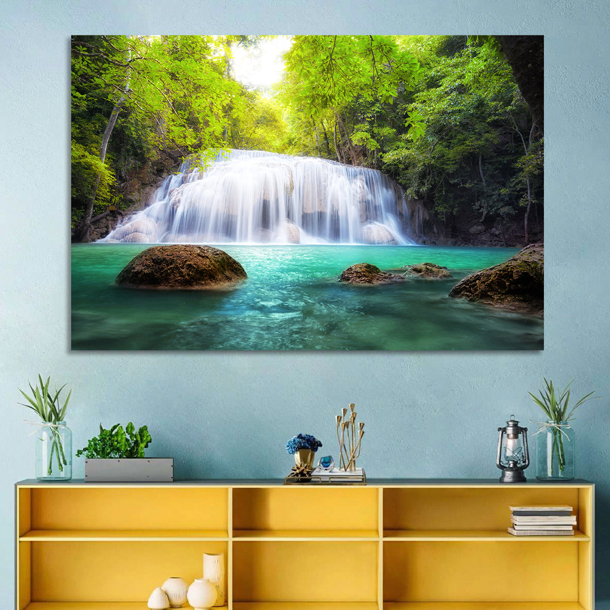 Erawan Falls Turquoise Waterfall Wall Art in a room, landscape