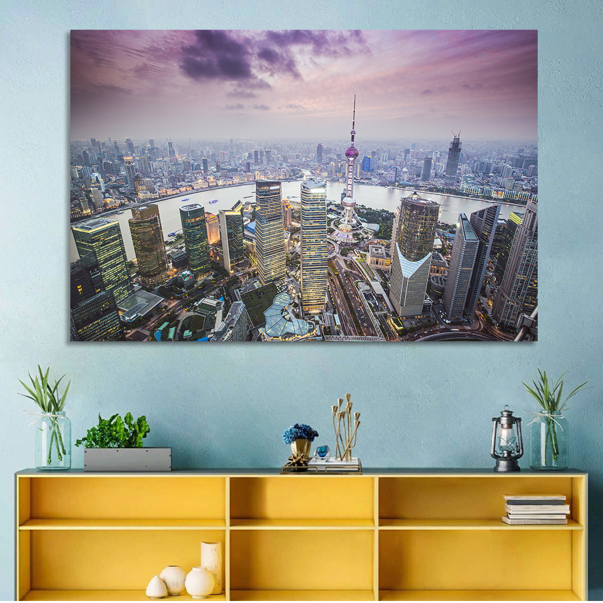 Pudong Cityscape Wall Art in a room, landscape