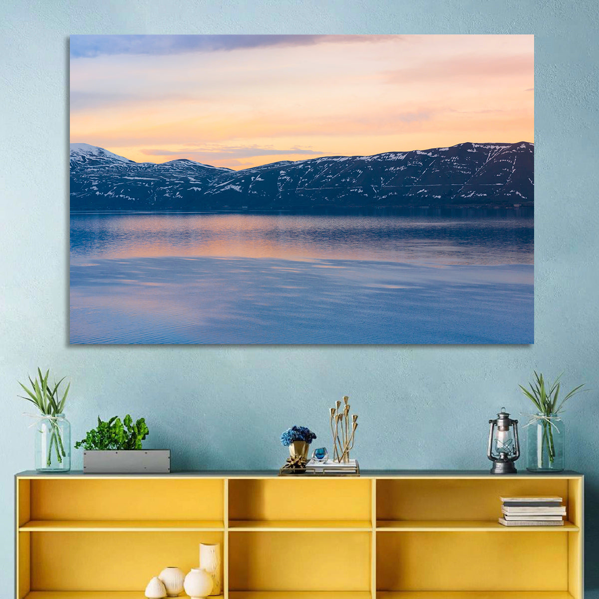 Lake Sevan Evening Reflection Wall Art in a room, landscape