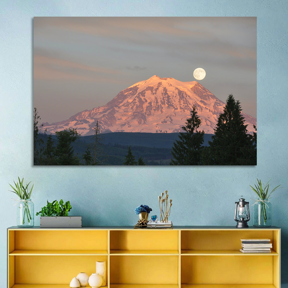 Mount Rainier Alpenglow with Full Moon Wall Art in a room, landscape