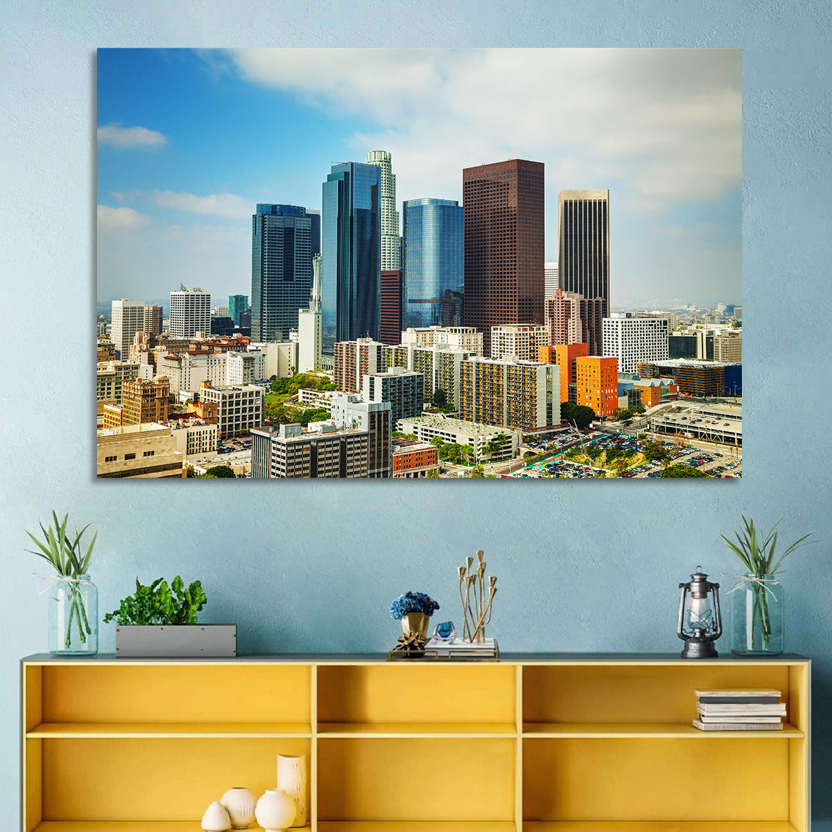 Downtown Los Angeles Skyline Cityscape Wall Art in a room, landscape