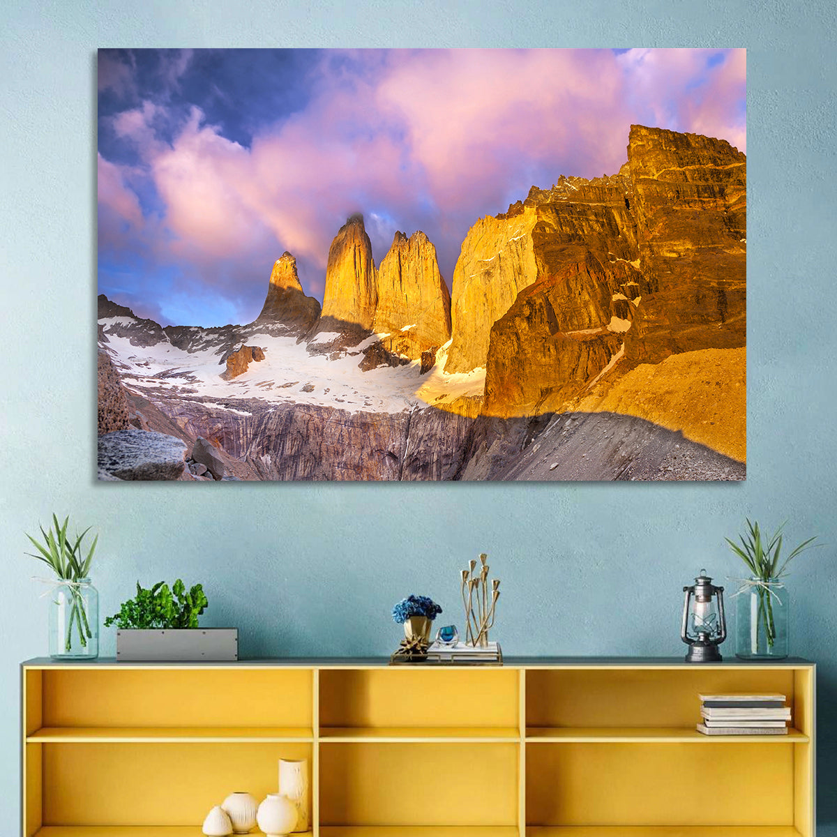 Torres Del Paine Alpenglow Wall Art in a room, landscape