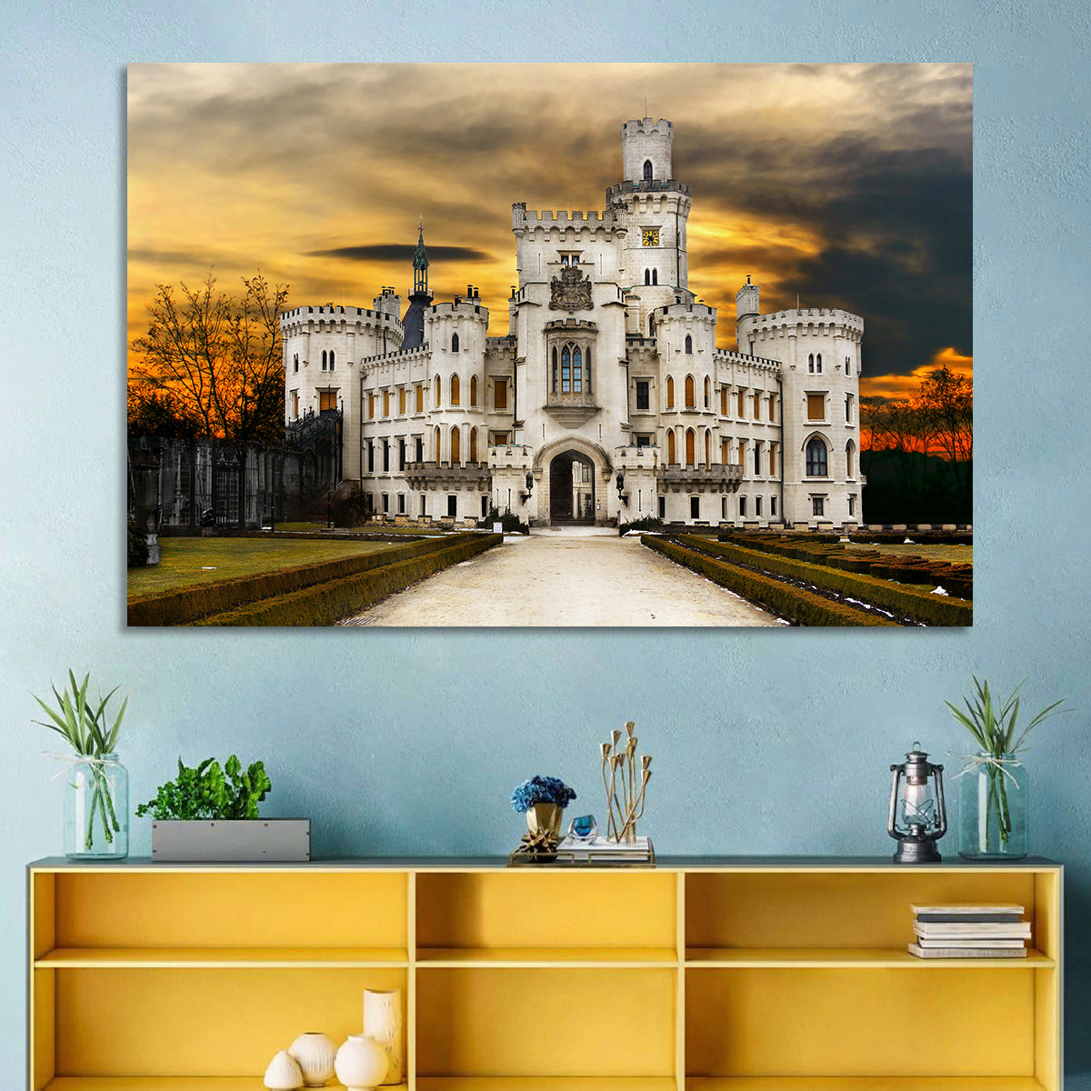 Hluboká Castle at Sunset Wall Art in a room, landscape