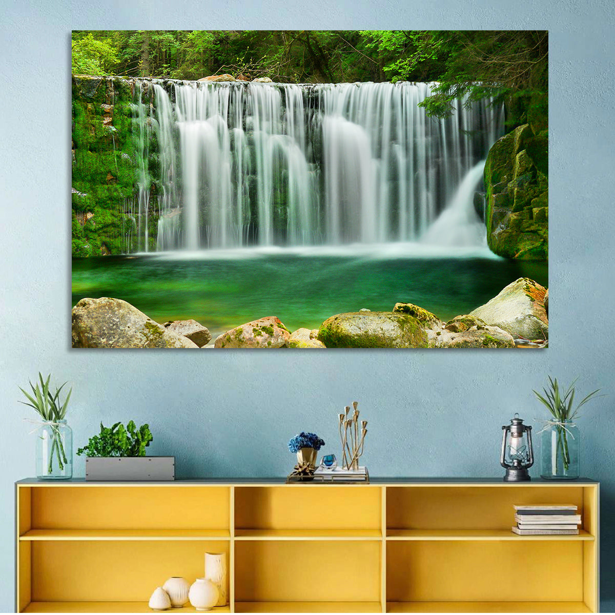 Emerald Lake Waterfall Wall Art in a room, landscape