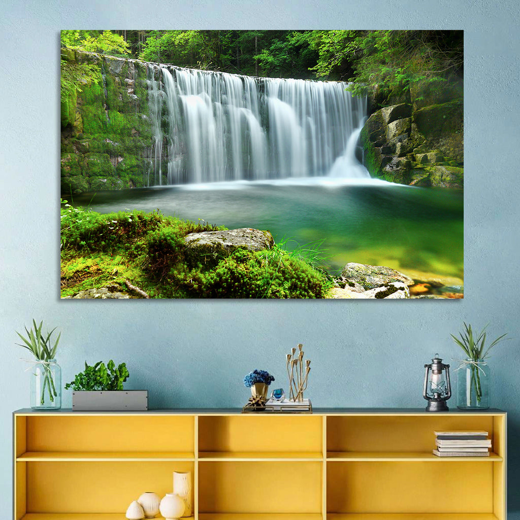 Emerald Forest Waterfall with Mossy Stones Wall Art
