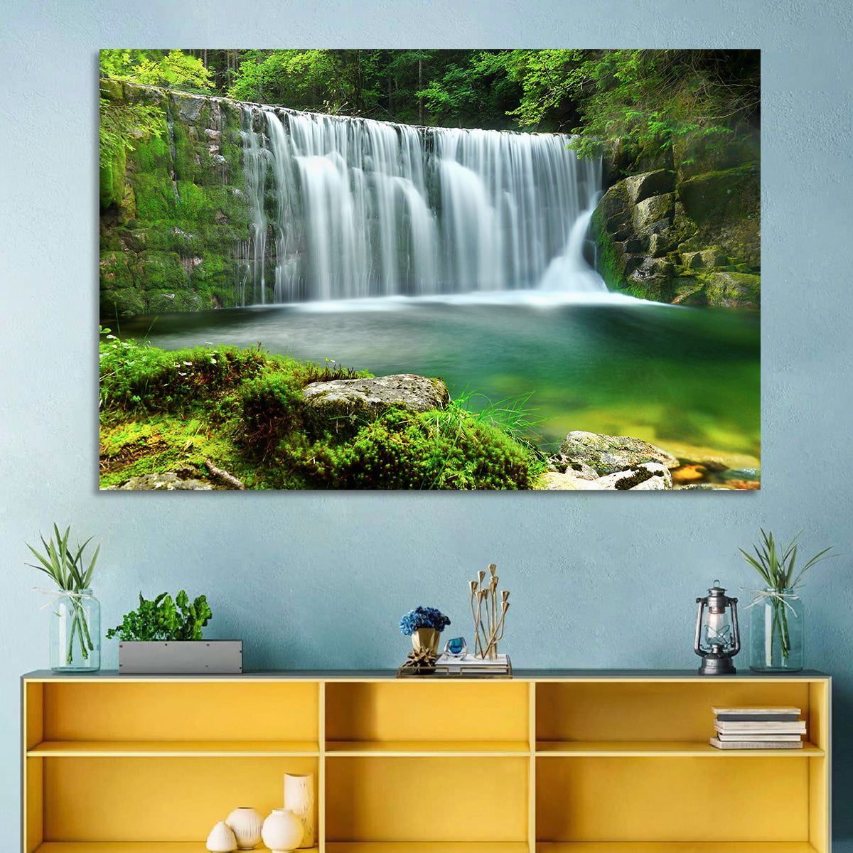 Emerald Forest Waterfall with Mossy Stones Wall Art in a room, landscape