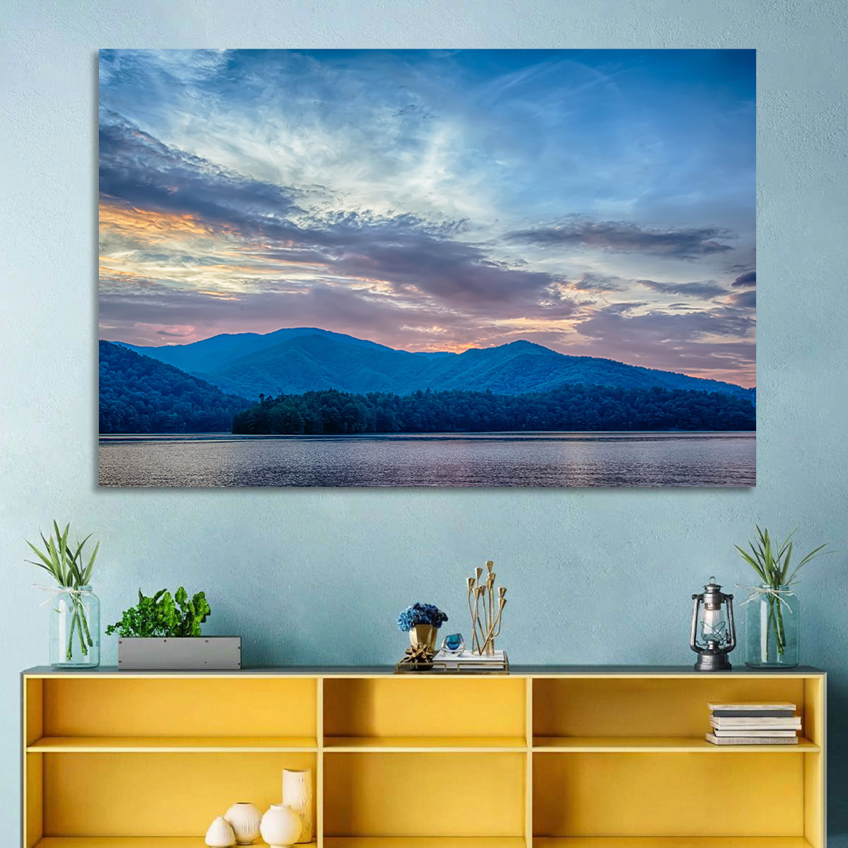 Lake Santeetlah Sunset Glow Wall Art in a room, landscape