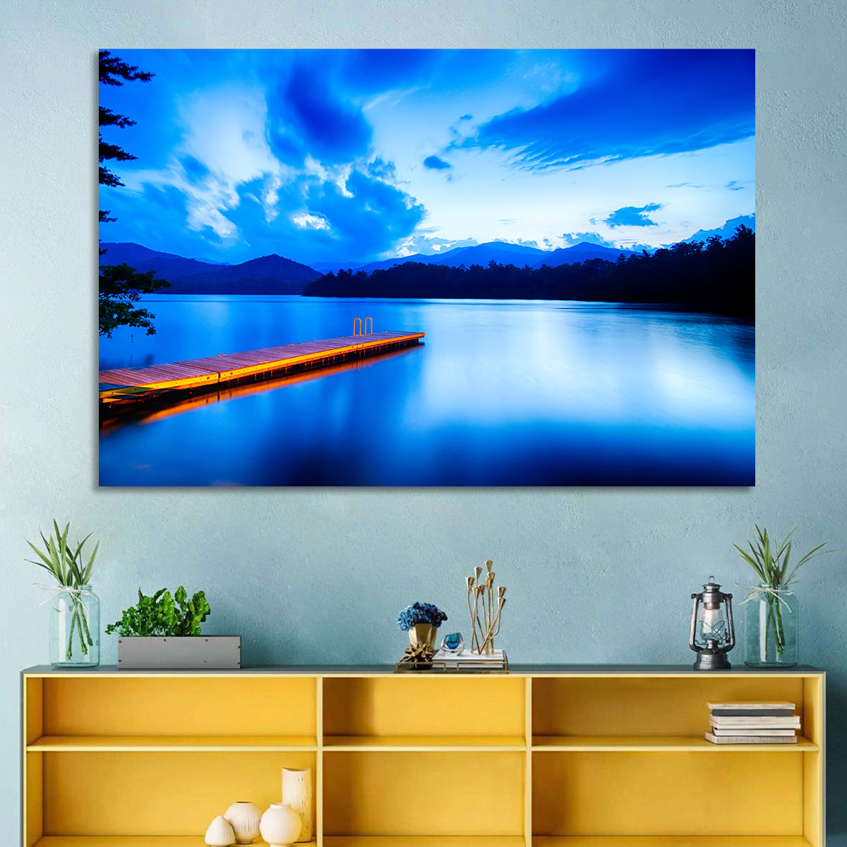 Lake Santeetlah Pier at Dusk Wall Art in a room, landscape