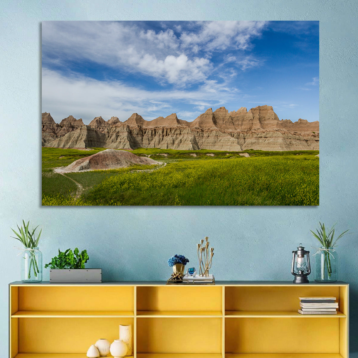 Badlands Meadow and Rock Formations Wall Art in a room, landscape