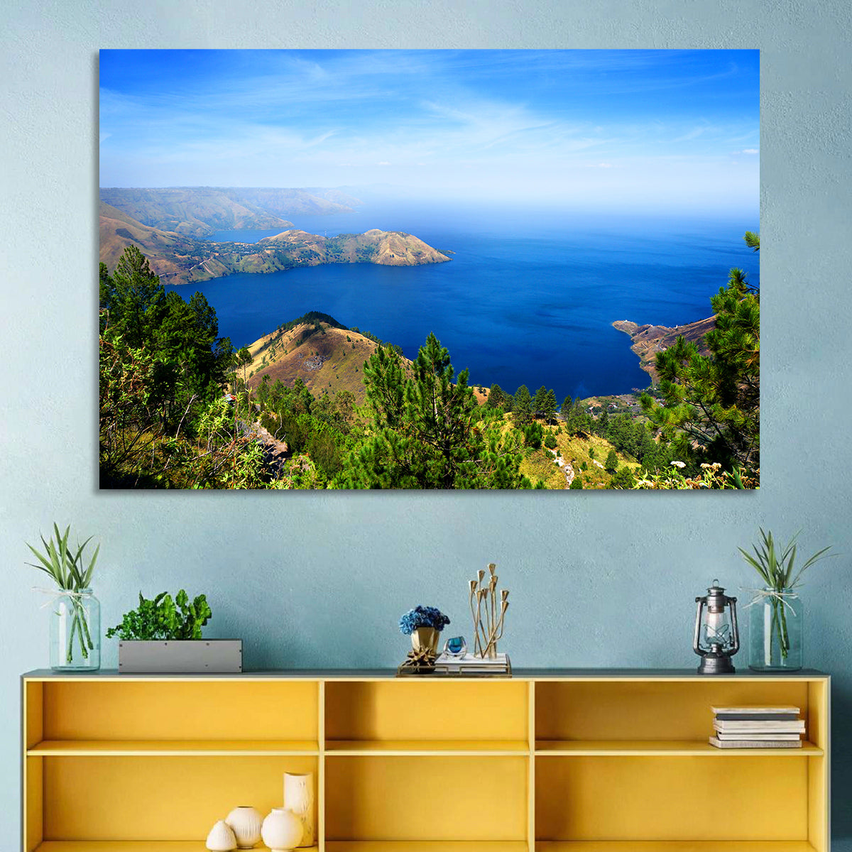 Lake Toba Aerial View Wall Art in a room, landscape