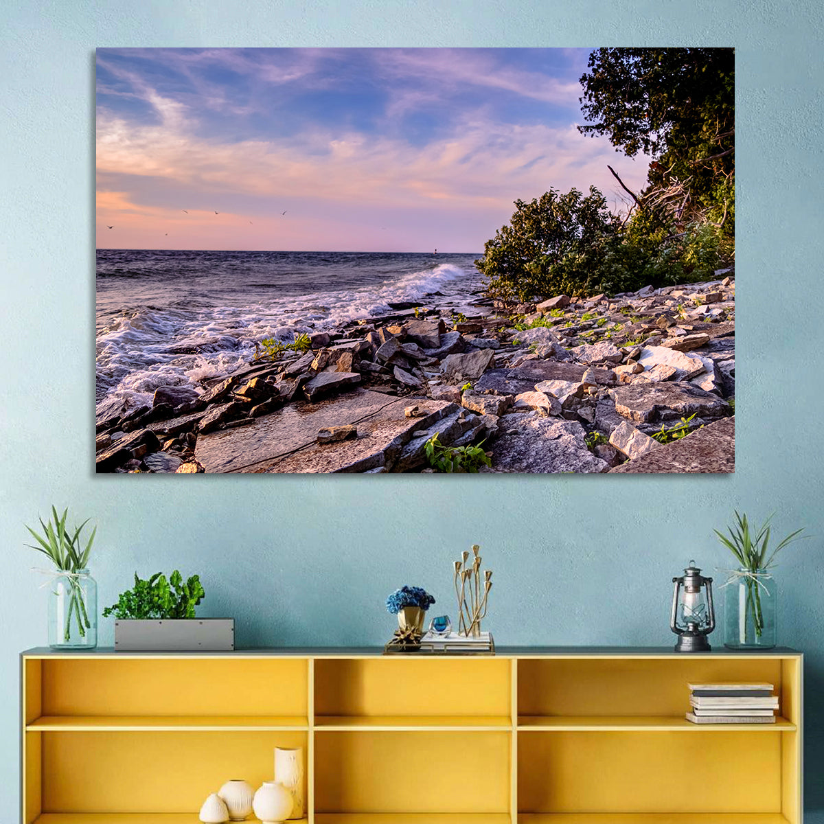 Lake Michigan Rocky Shoreline at Dusk Wall Art in a room, landscape
