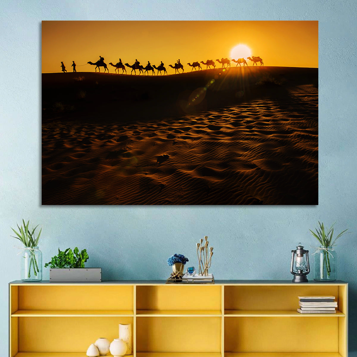 Camel Caravan Silhouette at Golden Sunset Wall Art in a room, landscape
