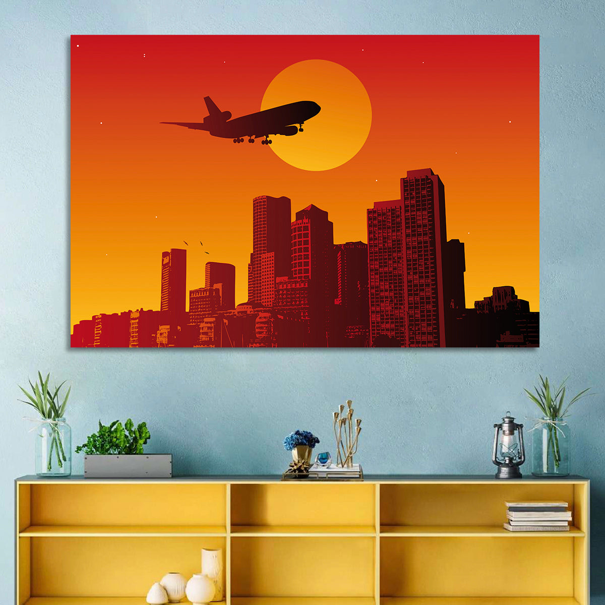 Tri Jet Sunset Skyline Wall Art in a room, landscape