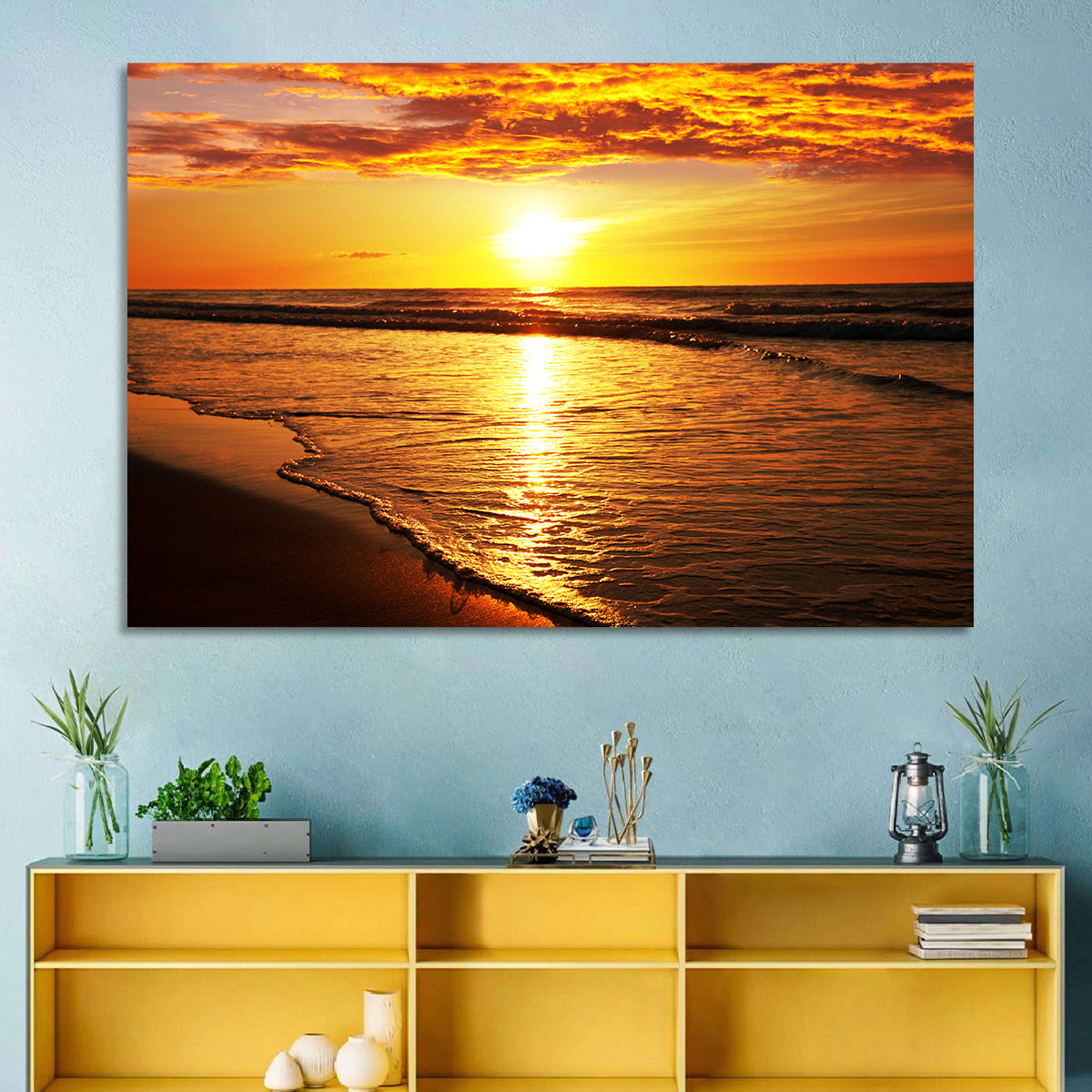 Golden Thai Beach Sunset Wall Art in a room, landscape