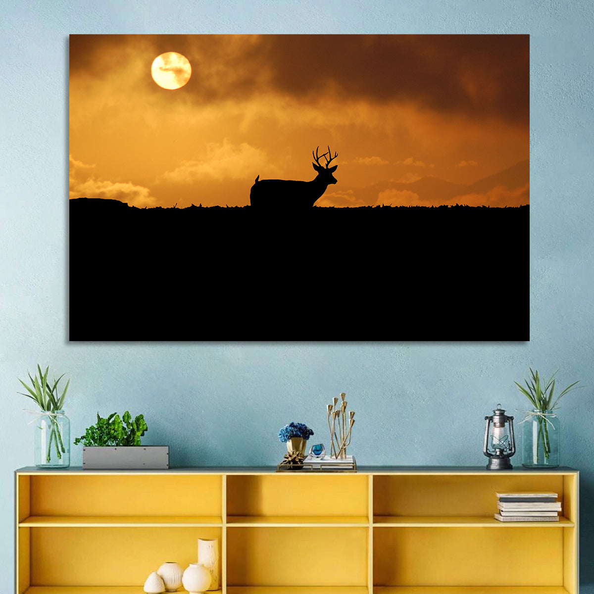 Deer at Sunset Wall Art in a room, landscape