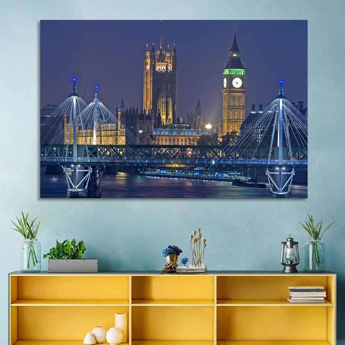 Big Ben Night Skyline Wall Art in a room, landscape