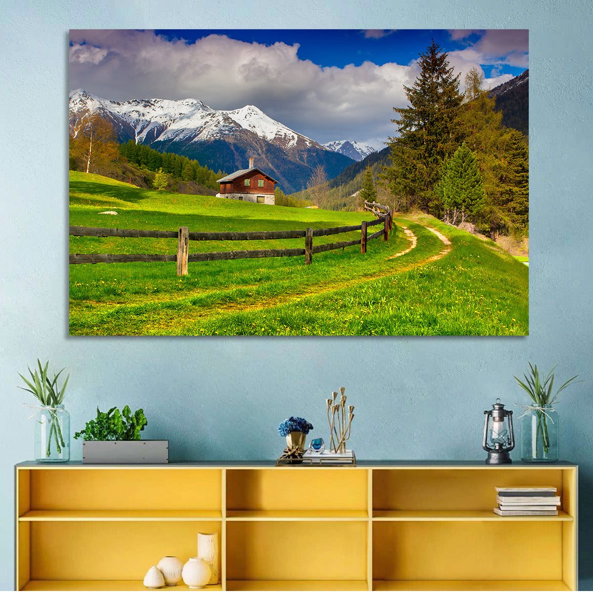 Alpine Meadow Cabin, Swiss Alps Wall Art in a room, landscape